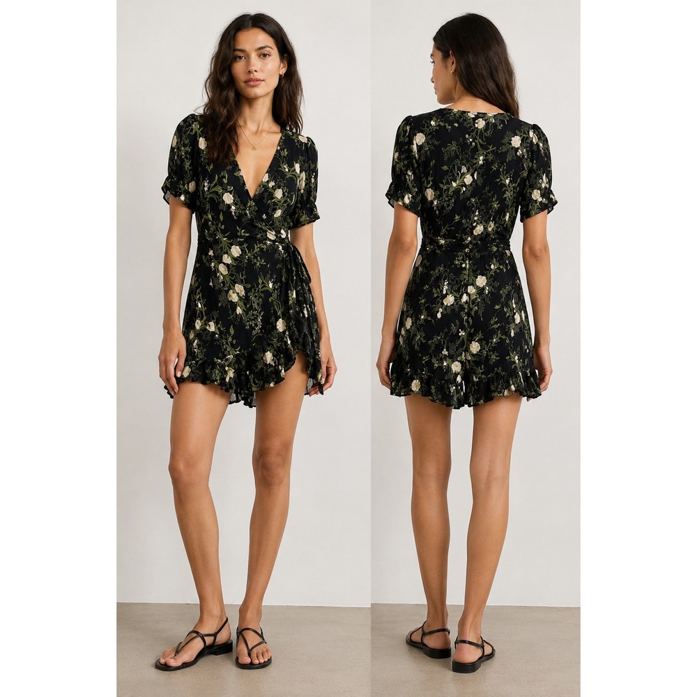 Reformation Lucky Wrap Romper XL Black Floral Viscose Ruffle Hem Womens